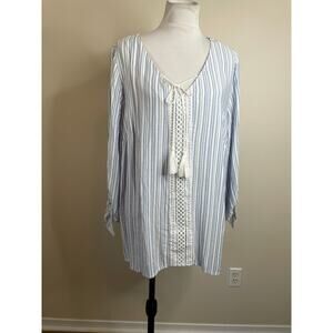 Alyx Womens Striped 3/4 Sleeve Top Size 1X Blue/White Striped Tassel Tie Front